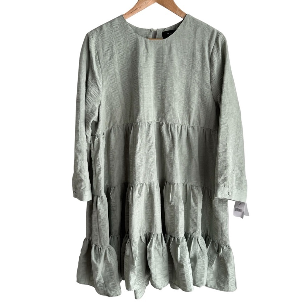 Boutique Long Sleeve Ruffle Dress L Sage Green Tiered Below Knee Feminine NWT